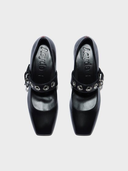 Aeyde | Lina Leather Pumps for Women | Black Nappa | Square Toe | Low Heel | Front View