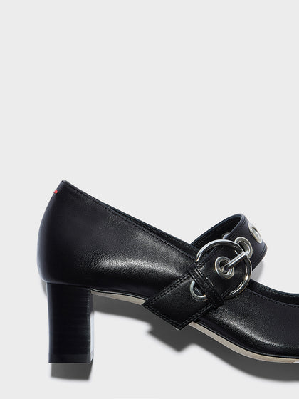 Aeyde | Lina Leather Pumps for Women | Black Nappa | Square Toe | Low Heel | Heel Details