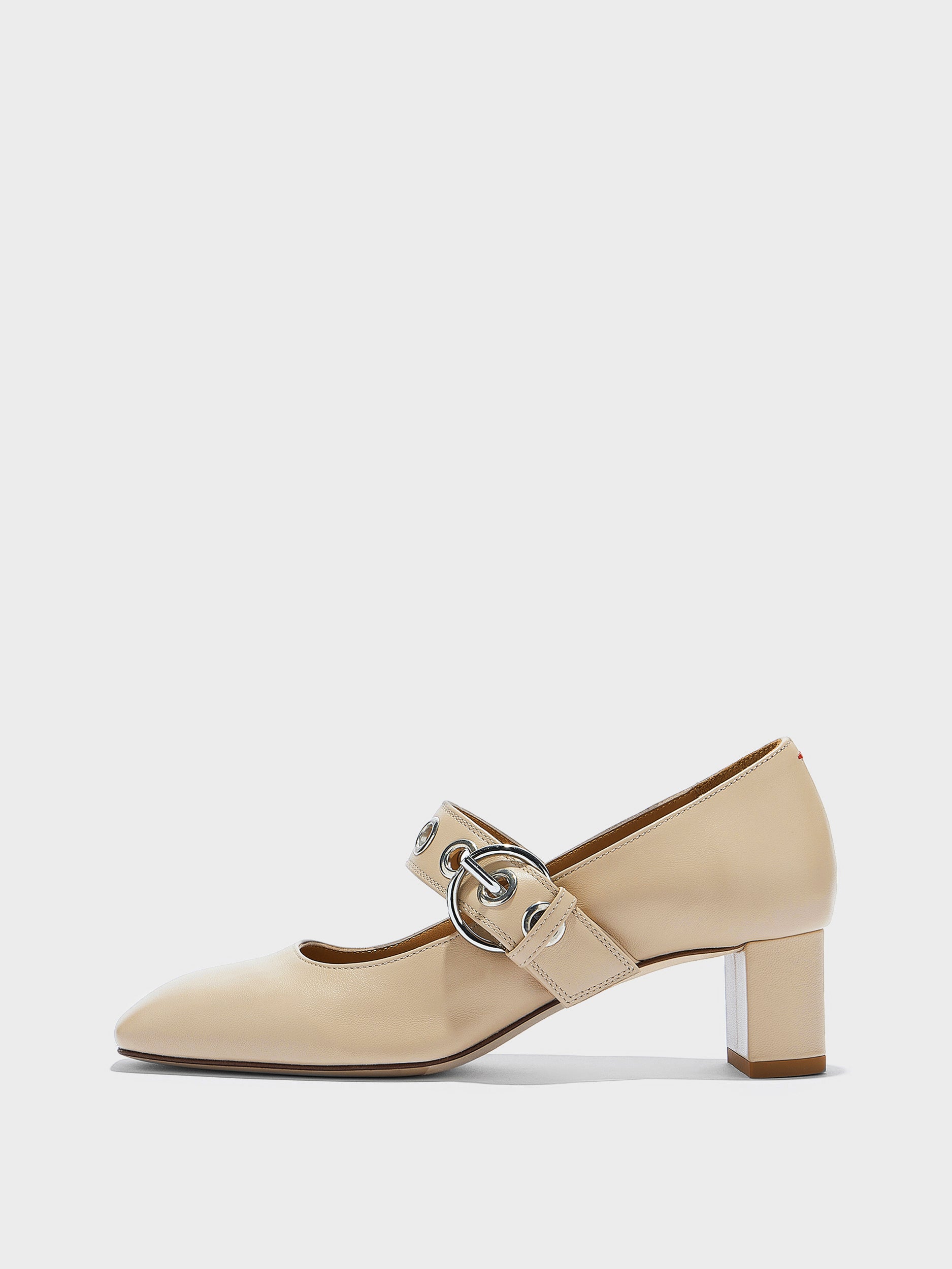 Aeyde | Lina Leather Pumps for Women | Sand Nappa | Square Toe | Low Heel | Side View