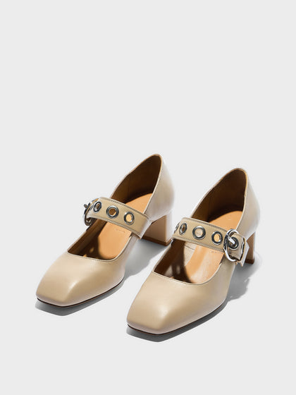 Aeyde | Lina Leather Pumps for Women | Sand Nappa | Square Toe | Low Heel | Luxury Materials | Handmade in Italy