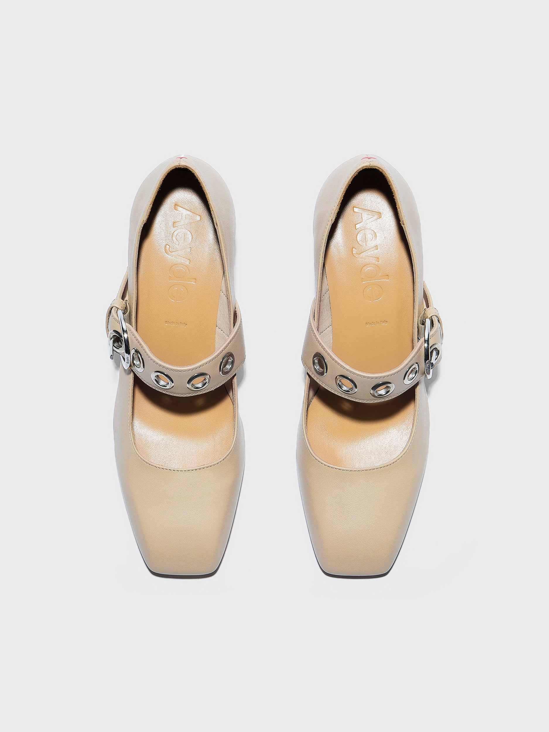 Aeyde | Lina Leather Pumps for Women | Sand Nappa | Square Toe | Low Heel | Front View