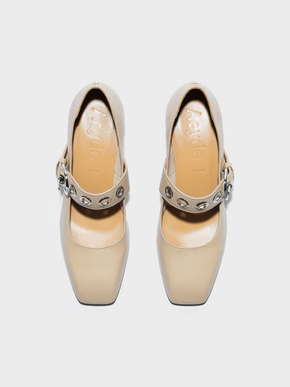 Aeyde | Lina Leather Pumps for Women | Sand Nappa | Square Toe | Low Heel | Front View