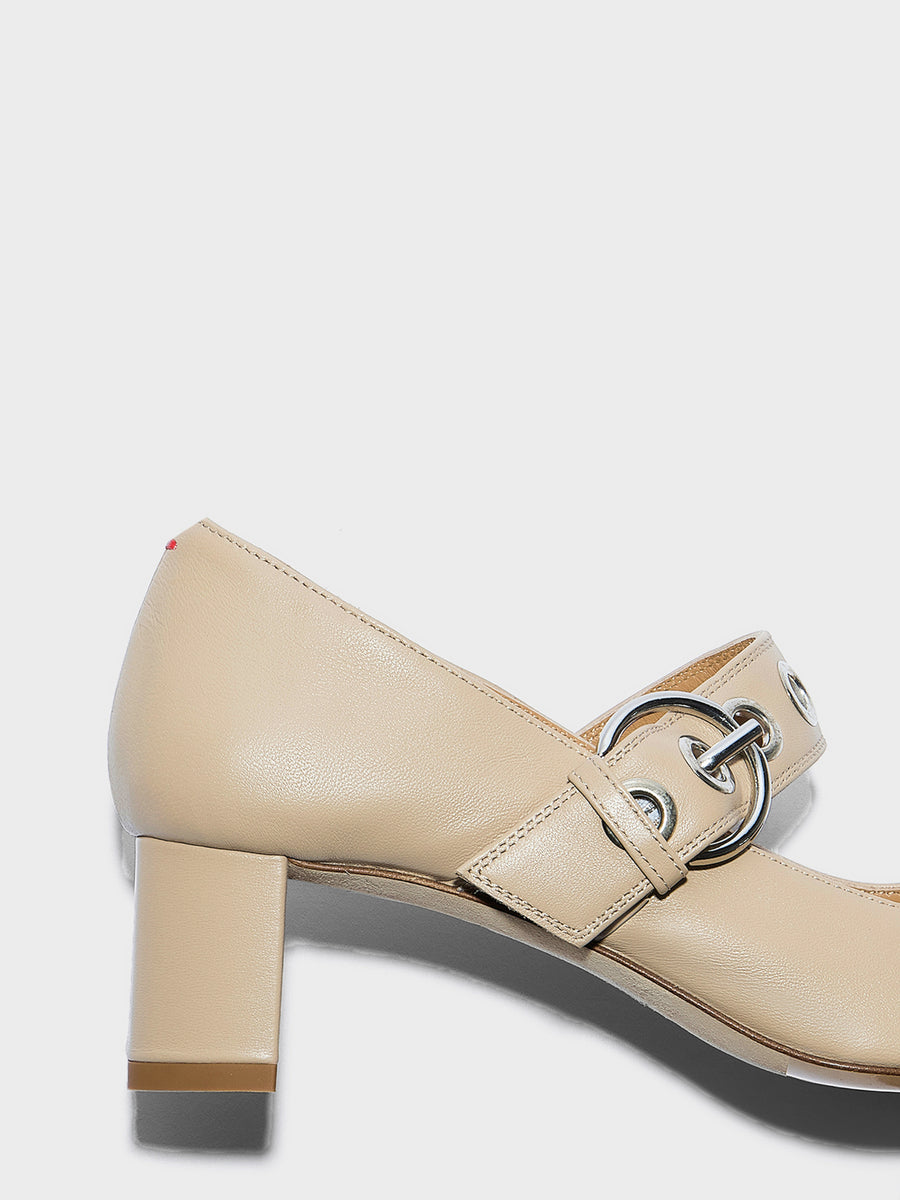 Aeyde | Lina Leather Pumps for Women | Sand Nappa | Square Toe | Low Heel | Heel Details