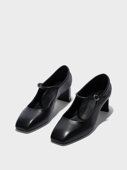 Aeyde | Lina Leather Pumps for Women | Black Nappa | Square Toe | Low Heel | On Feet