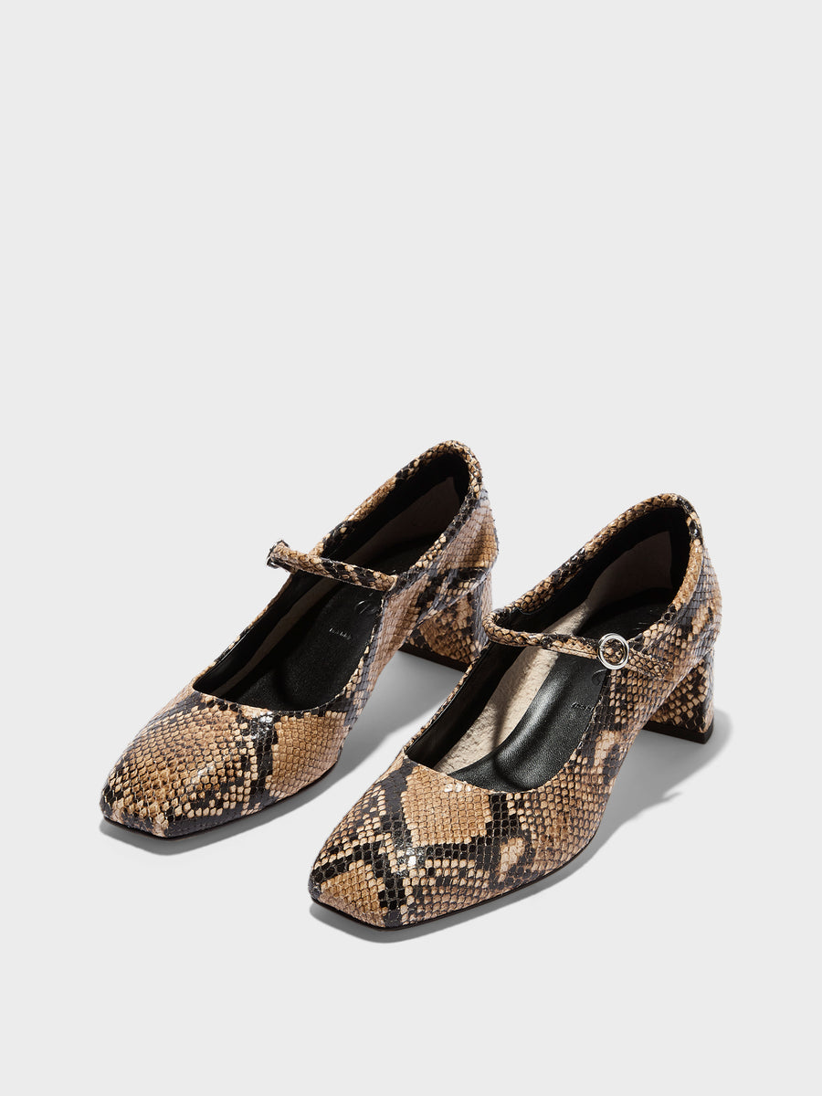 Aeyde | Lina Leather Pumps for Women | Hazelnut Snake | Square Toe | Low Heel | Luxury Materials | Handmade in Italy