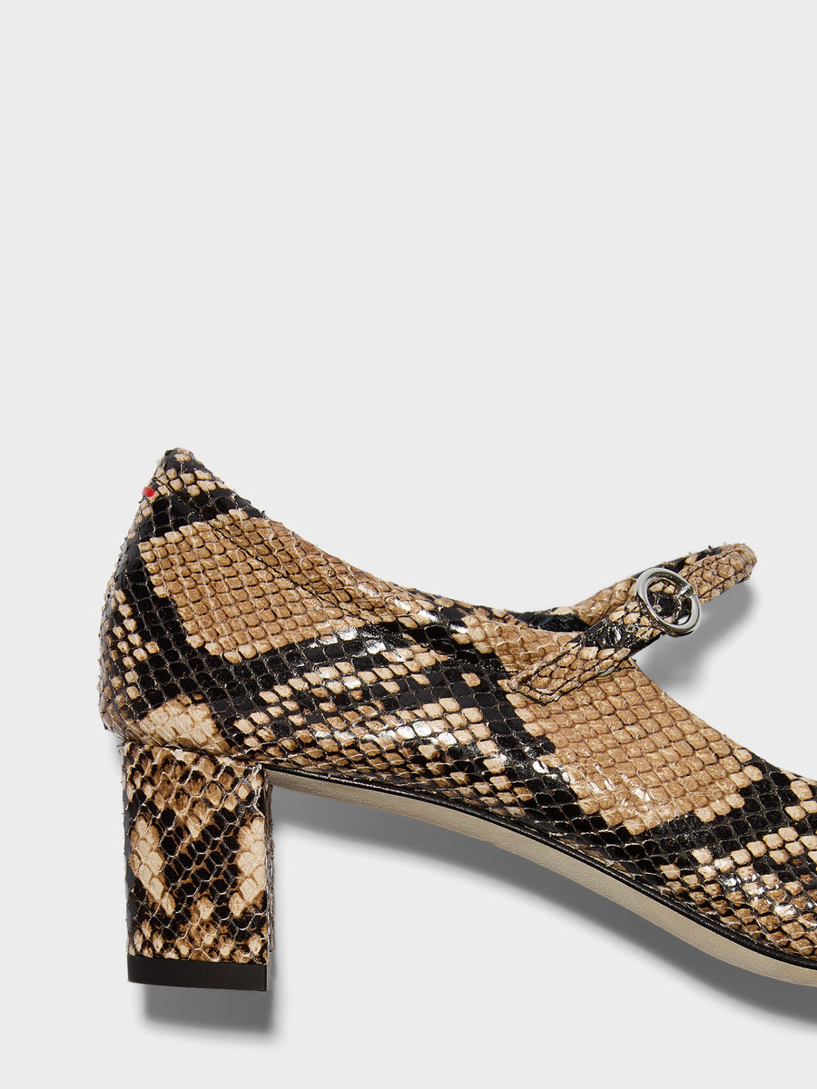 Aeyde | Lina Leather Pumps for Women | Hazelnut Snake | Square Toe | Low Heel | Heel Details
