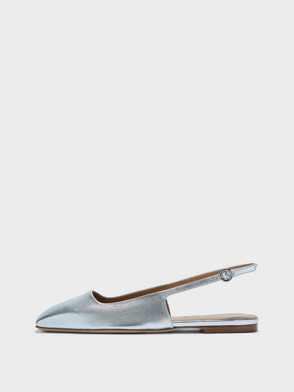 Aeyde | Liya Leather Flats for Women | Silver Nappa | Square Toe | Flat Heel | Side View