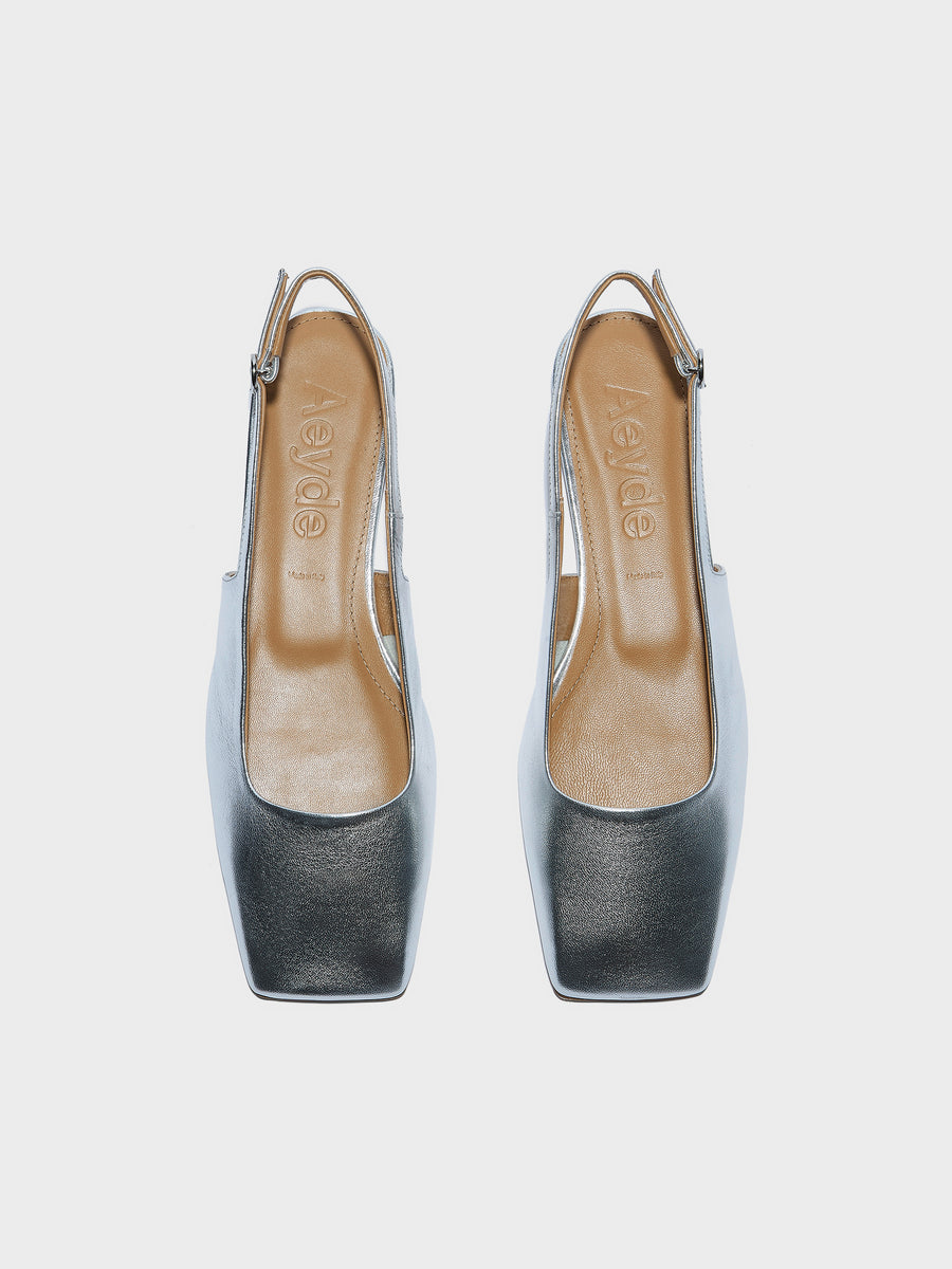 Aeyde | Liya Leather Flats for Women | Silver Nappa | Square Toe | Flat Heel | Front View