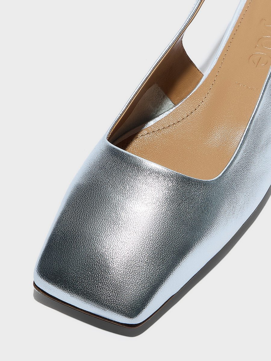 Aeyde | Liya Leather Flats for Women | Silver Nappa | Square Toe | Flat Heel | Heel Details