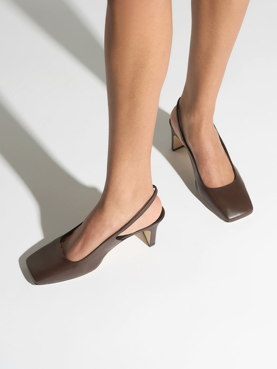 Aeyde | Liza Leather Pumps for Women | Moka Nappa | Square Toe | Low Heel | On Feet