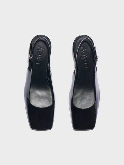 Aeyde | Liza Slingback Pumps Leather Pumps for Women | Black Patent | Square Toe | Mid Heel | Front View