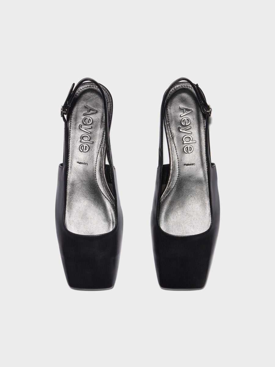 Aeyde | Liya Slingback Flats Leather Flats for Women | Black Nappa | Square Toe | Flat Heel | Front View