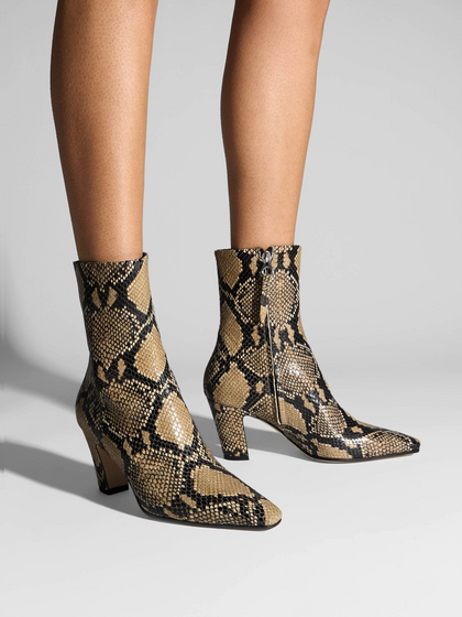 Aeyde | Maris Leather Ankle Boots Leather Ankle Boots for Women | Hazelnut Snake | Square Toe | High Heel | On Feet