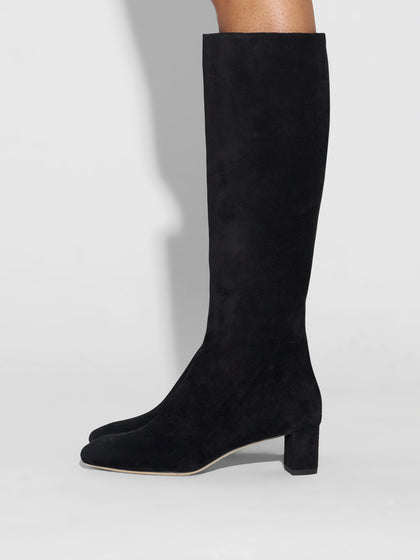 Aeyde | Marty Leather Knee High Boots for Women | Black Suede | Square Toe | Low Heel | How to Style