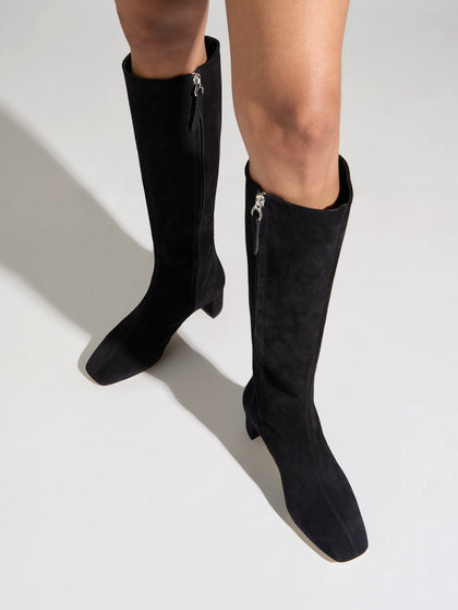 Aeyde | Marty Leather Knee High Boots for Women | Black Suede | Square Toe | Low Heel | On Feet