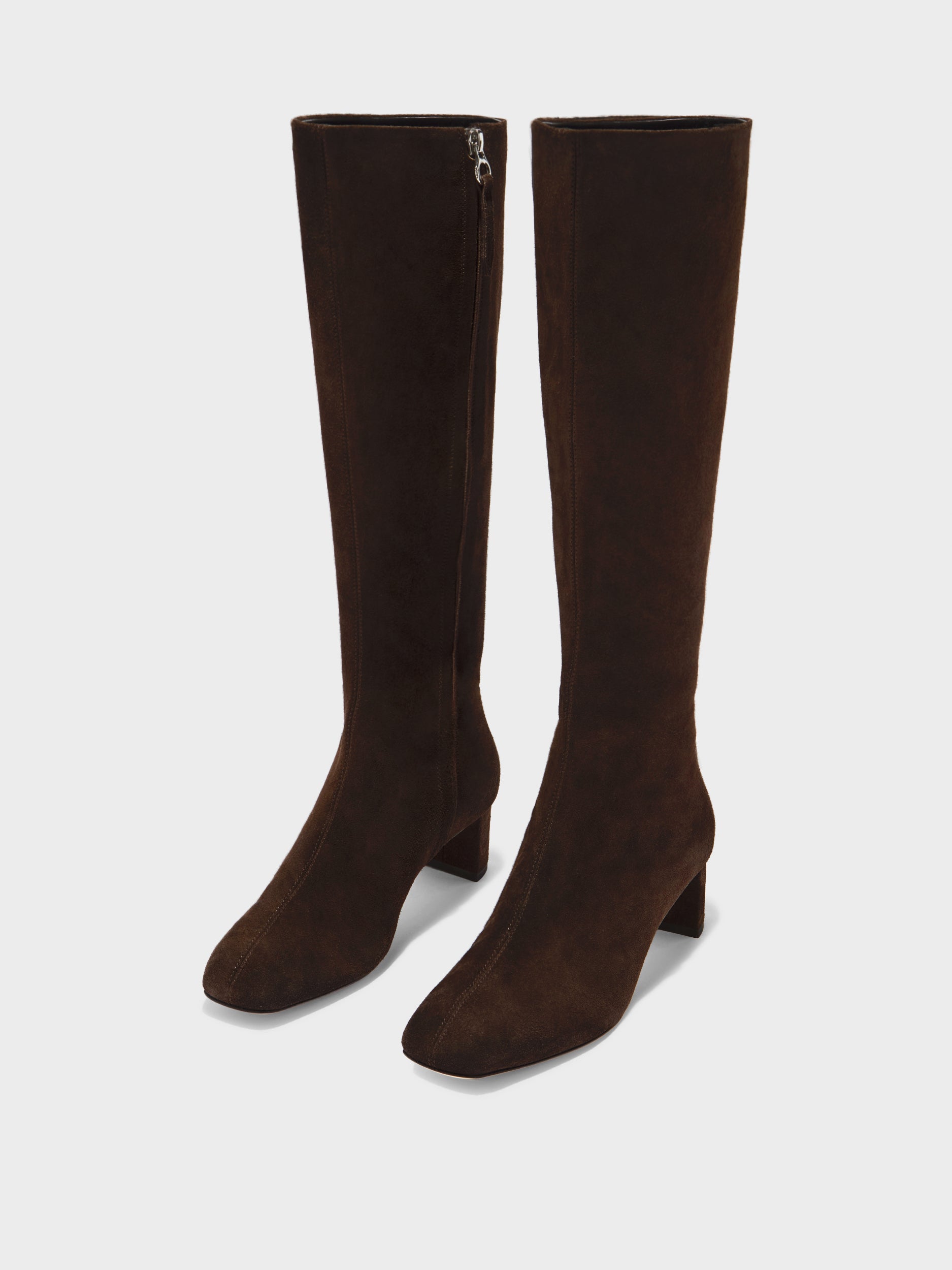 Aeyde | Marty Leather Knee High Boots for Women | Moka Suede | Square Toe | Low Heel | Luxury Materials | Handmade in Italy