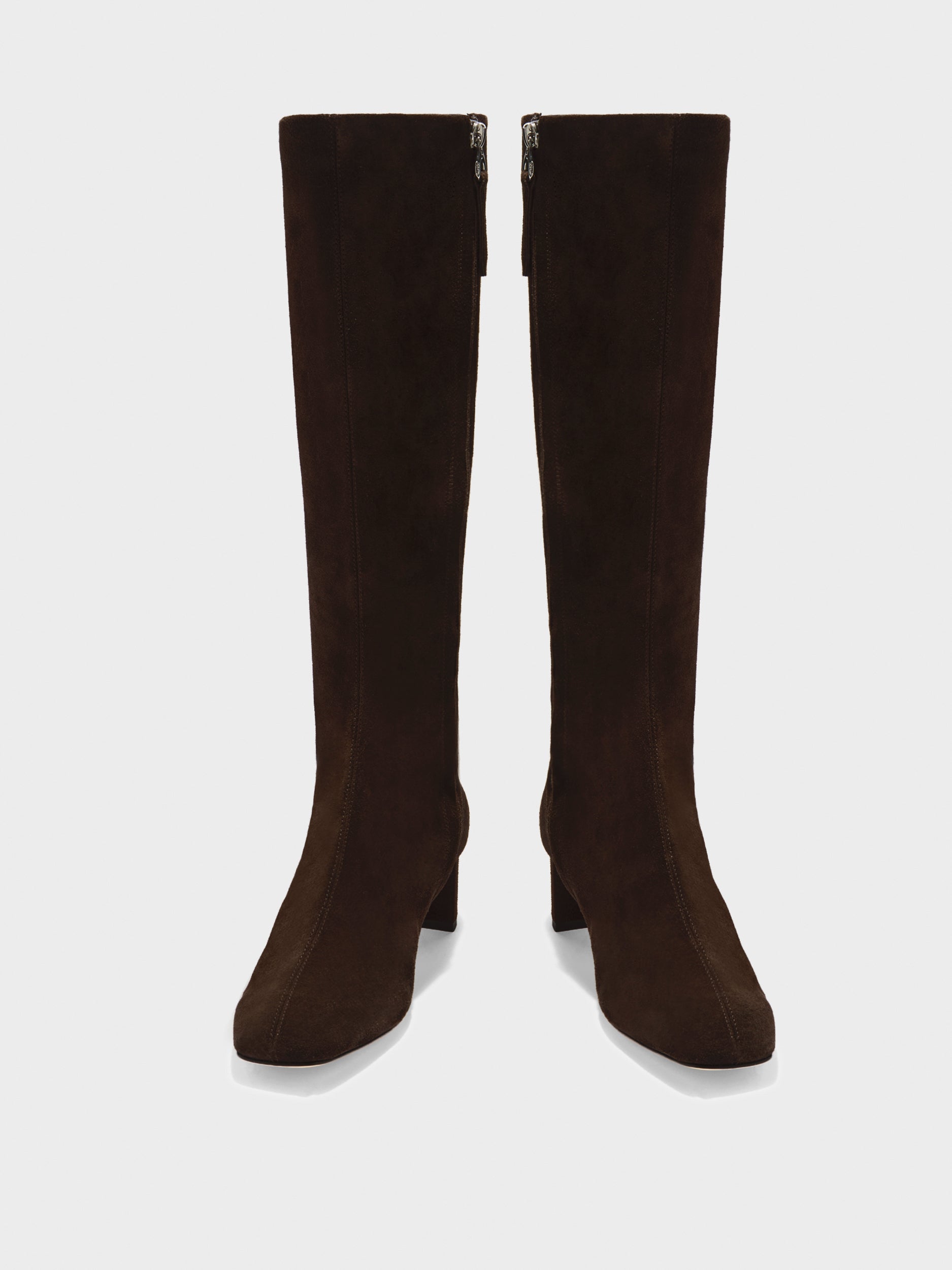Aeyde | Marty Leather Knee High Boots for Women | Moka Suede | Square Toe | Low Heel | Front View