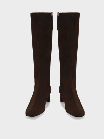 Aeyde | Marty Leather Knee High Boots for Women | Moka Suede | Square Toe | Low Heel | Front View