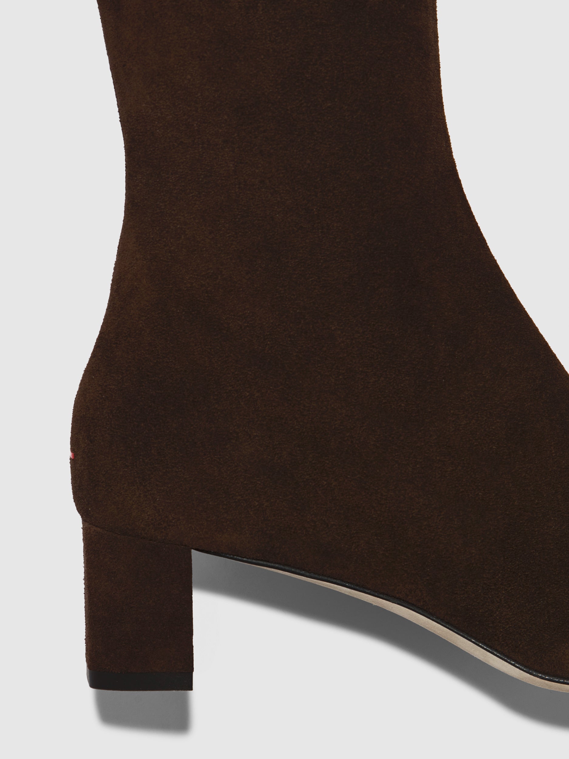 Aeyde | Marty Leather Knee High Boots for Women | Moka Suede | Square Toe | Low Heel | Heel Details