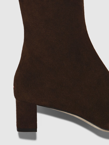 Aeyde | Marty Leather Knee High Boots for Women | Moka Suede | Square Toe | Low Heel | Heel Details