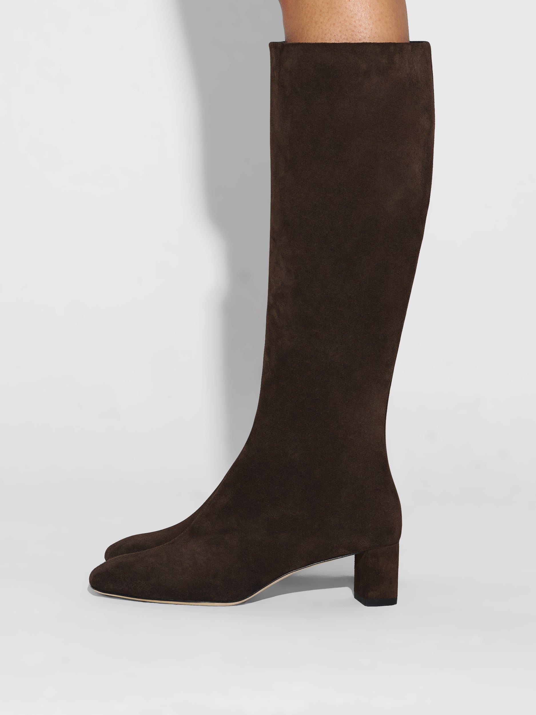 Aeyde | Marty Leather Knee High Boots for Women | Moka Suede | Square Toe | Low Heel | How to Style