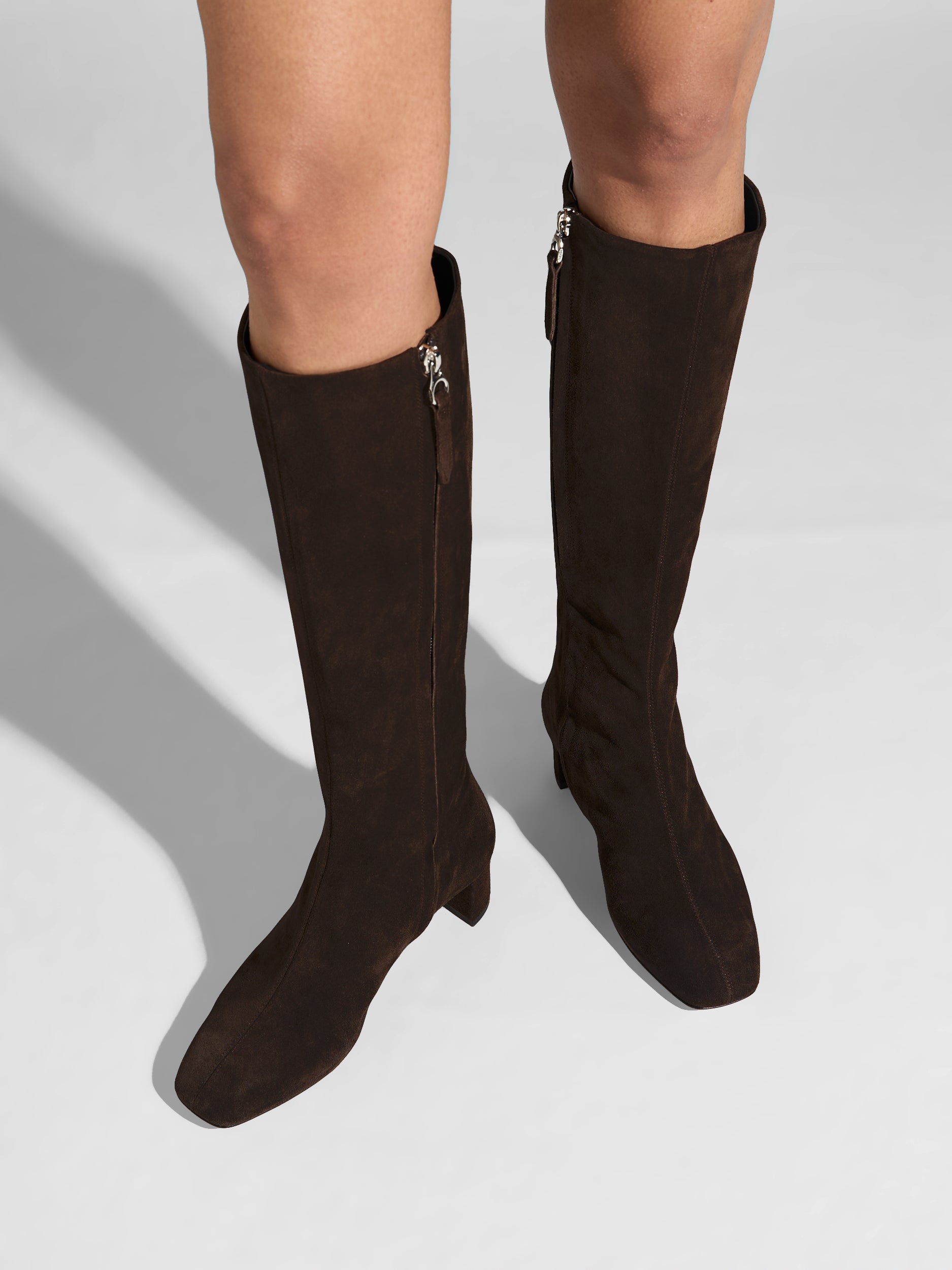 Aeyde | Marty Leather Knee High Boots for Women | Moka Suede | Square Toe | Low Heel | On Feet
