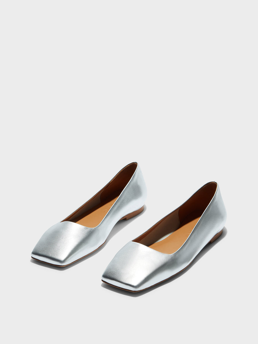 Aeyde | Matti Leather Flats for Women | Silver Nappa | Square Toe | Flat Heel | Luxury Materials | Handmade in Italy