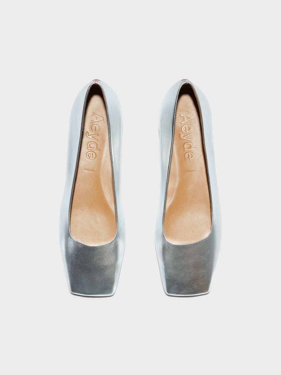 Aeyde | Matti Leather Flats for Women | Silver Nappa | Square Toe | Flat Heel | Front View