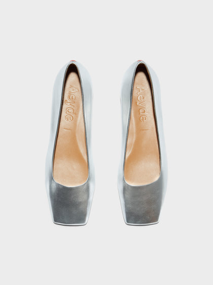 Aeyde | Matti Leather Flats for Women | Silver Nappa | Square Toe | Flat Heel | Front View