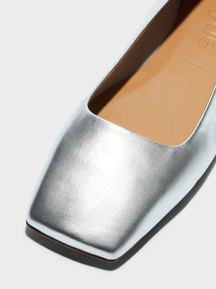 Aeyde | Matti Leather Flats for Women | Silver Nappa | Square Toe | Flat Heel | Heel Details