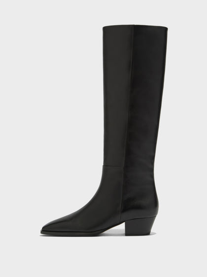 Aeyde | Medea Leather Knee High Boots for Women | Black Calf | Pointed Toe | Low Heel | Side View