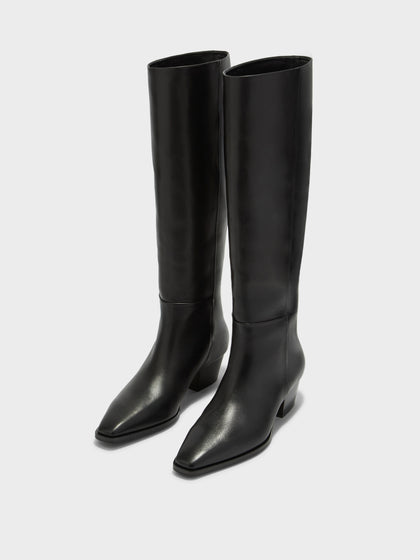 Aeyde | Medea Leather Knee High Boots for Women | Black Calf | Pointed Toe | Low Heel | Luxury Materials | Handmade in Italy