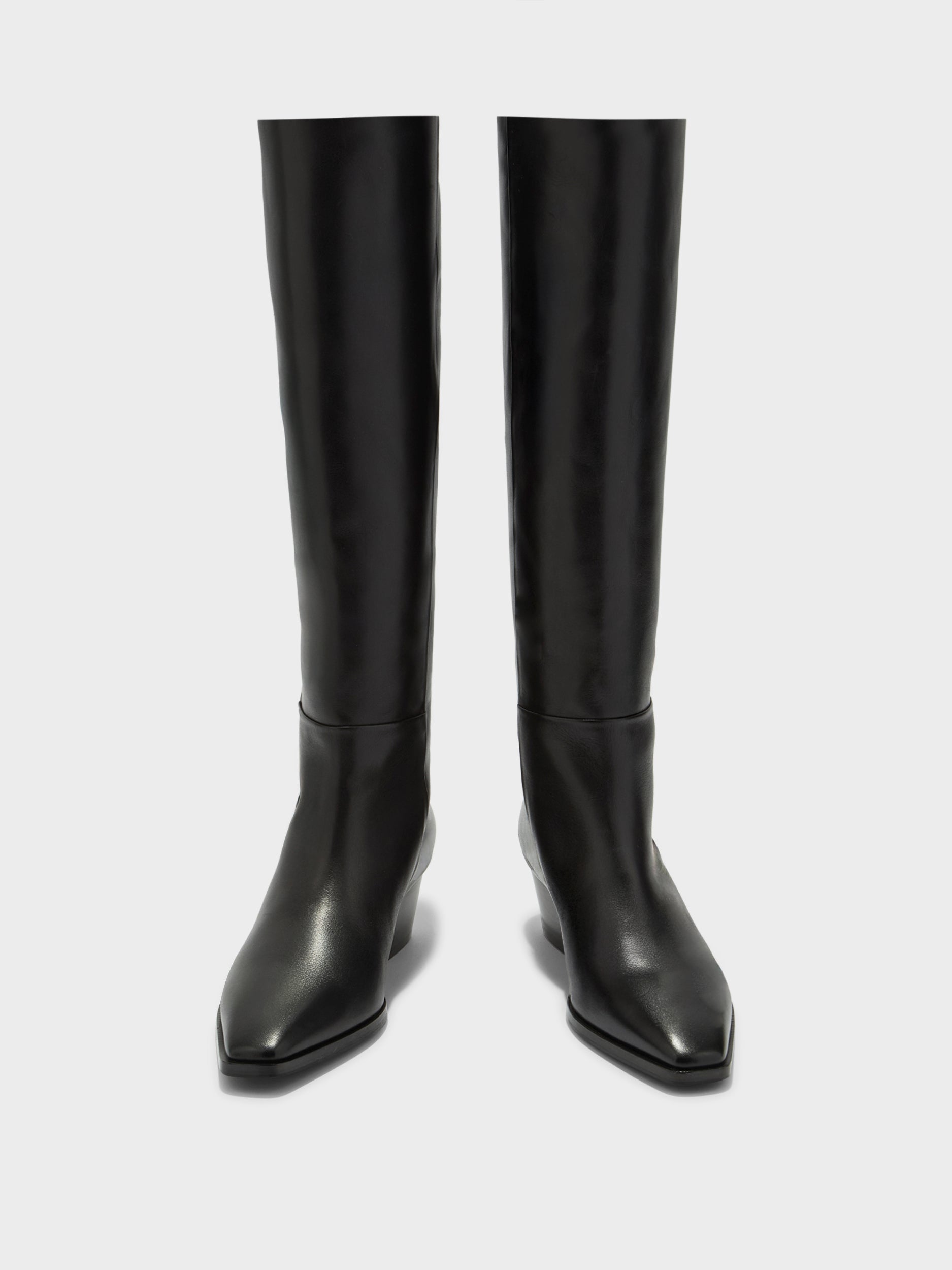 Aeyde | Medea Leather Knee High Boots for Women | Black Calf | Pointed Toe | Low Heel | Front View