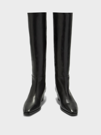 Aeyde | Medea Leather Knee High Boots for Women | Black Calf | Pointed Toe | Low Heel | Front View