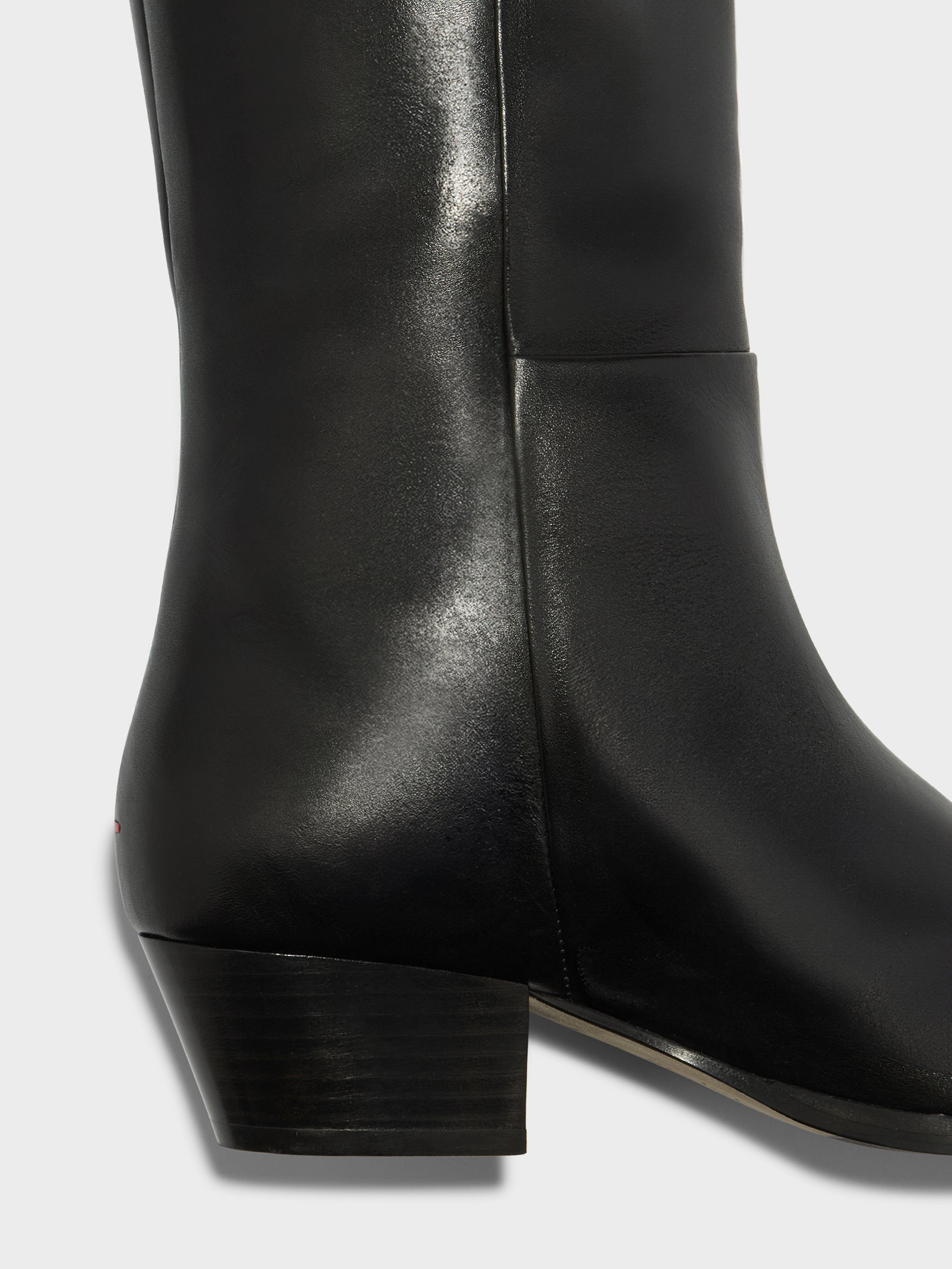 Aeyde | Medea Leather Knee High Boots for Women | Black Calf | Pointed Toe | Low Heel | Heel Details