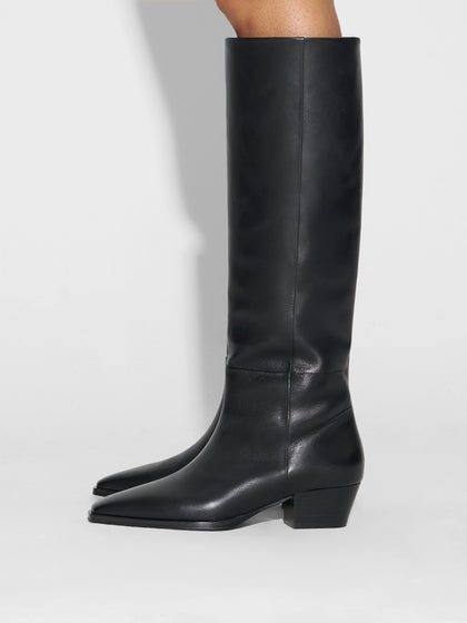 Aeyde | Medea Leather Knee High Boots for Women | Black Calf | Pointed Toe | Low Heel | How to Style