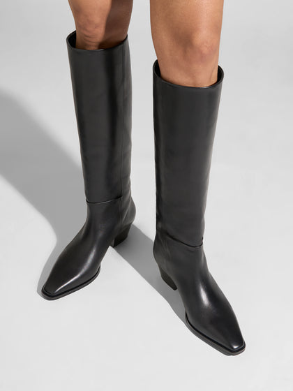 Aeyde | Medea Leather Knee High Boots for Women | Black Calf | Pointed Toe | Low Heel | On Feet