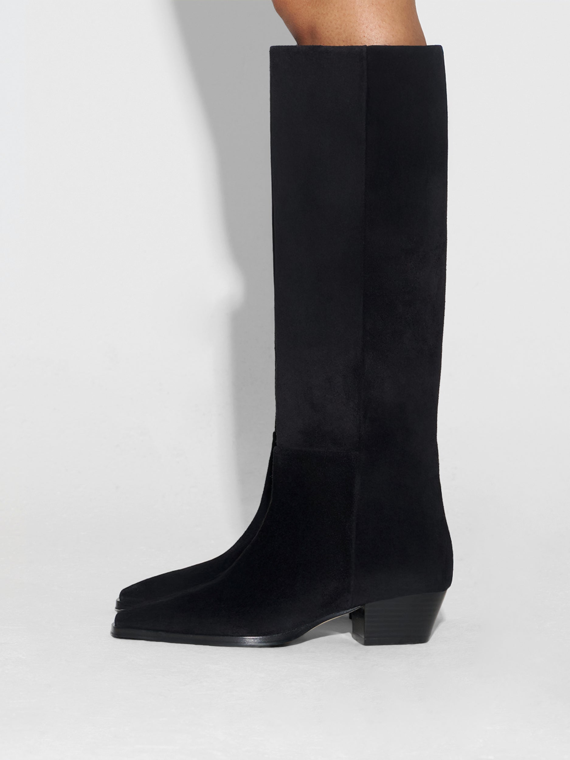 Aeyde | Medea Leather Knee High Boots for Women | Black Suede | Pointed Toe | Low Heel | How to Style
