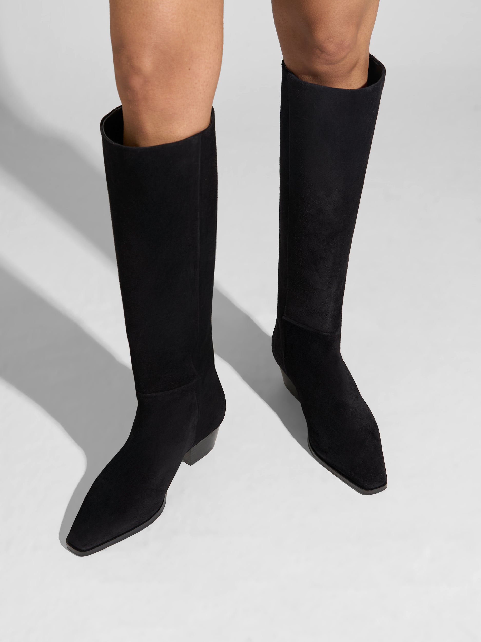 Aeyde | Medea Leather Knee High Boots for Women | Black Suede | Pointed Toe | Low Heel | On Feet