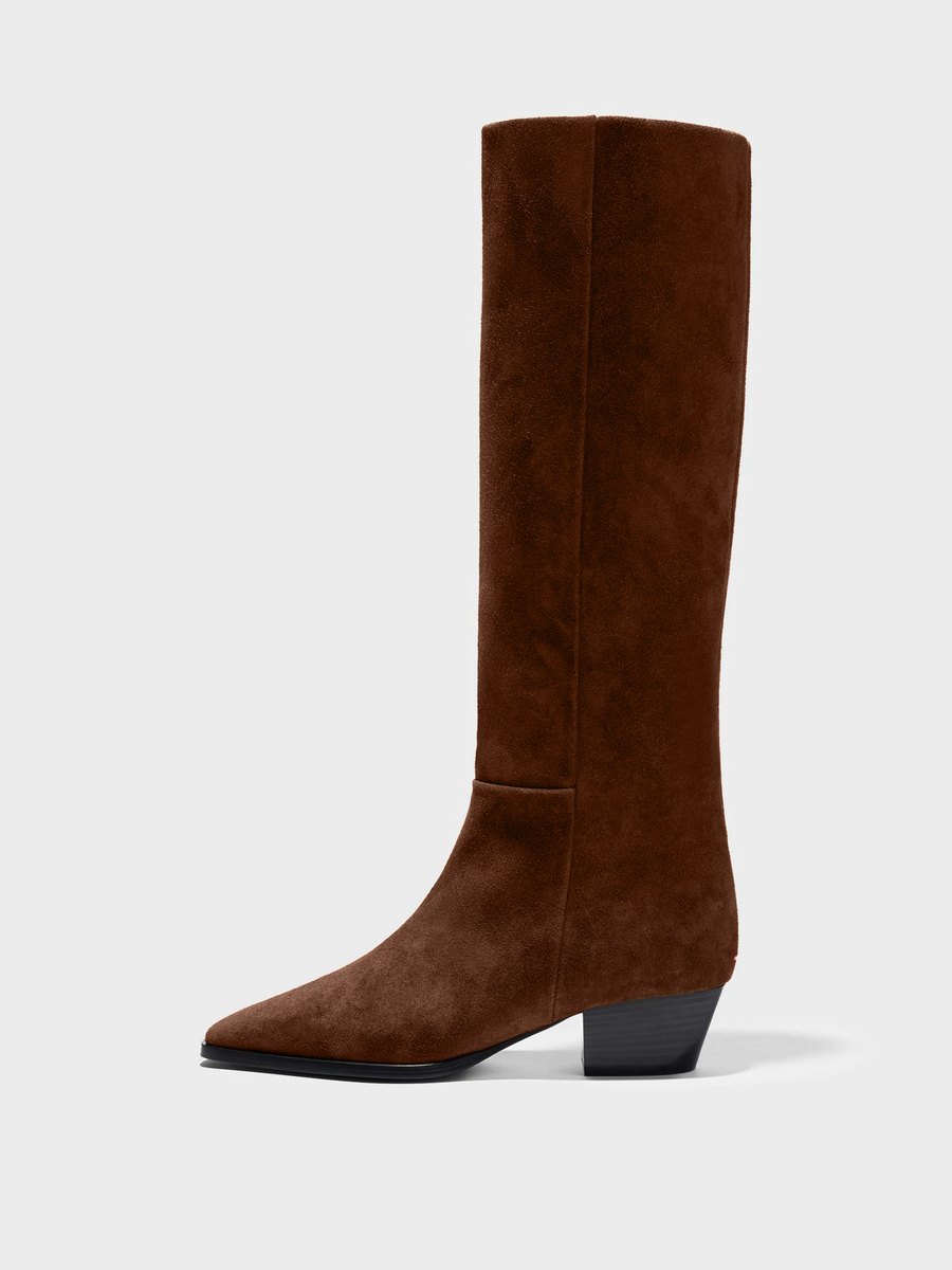 Aeyde | Medea Knee-High Boots Leather Knee High Boots for Women | Brown Suede | Square Toe | Mid Heel | Side View