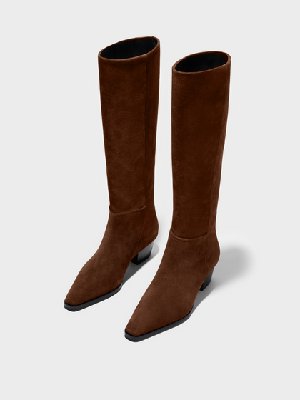 Aeyde | Medea Knee-High Boots Leather Knee High Boots for Women | Brown Suede | Square Toe | Mid Heel | Luxury Materials | Handmade in Italy