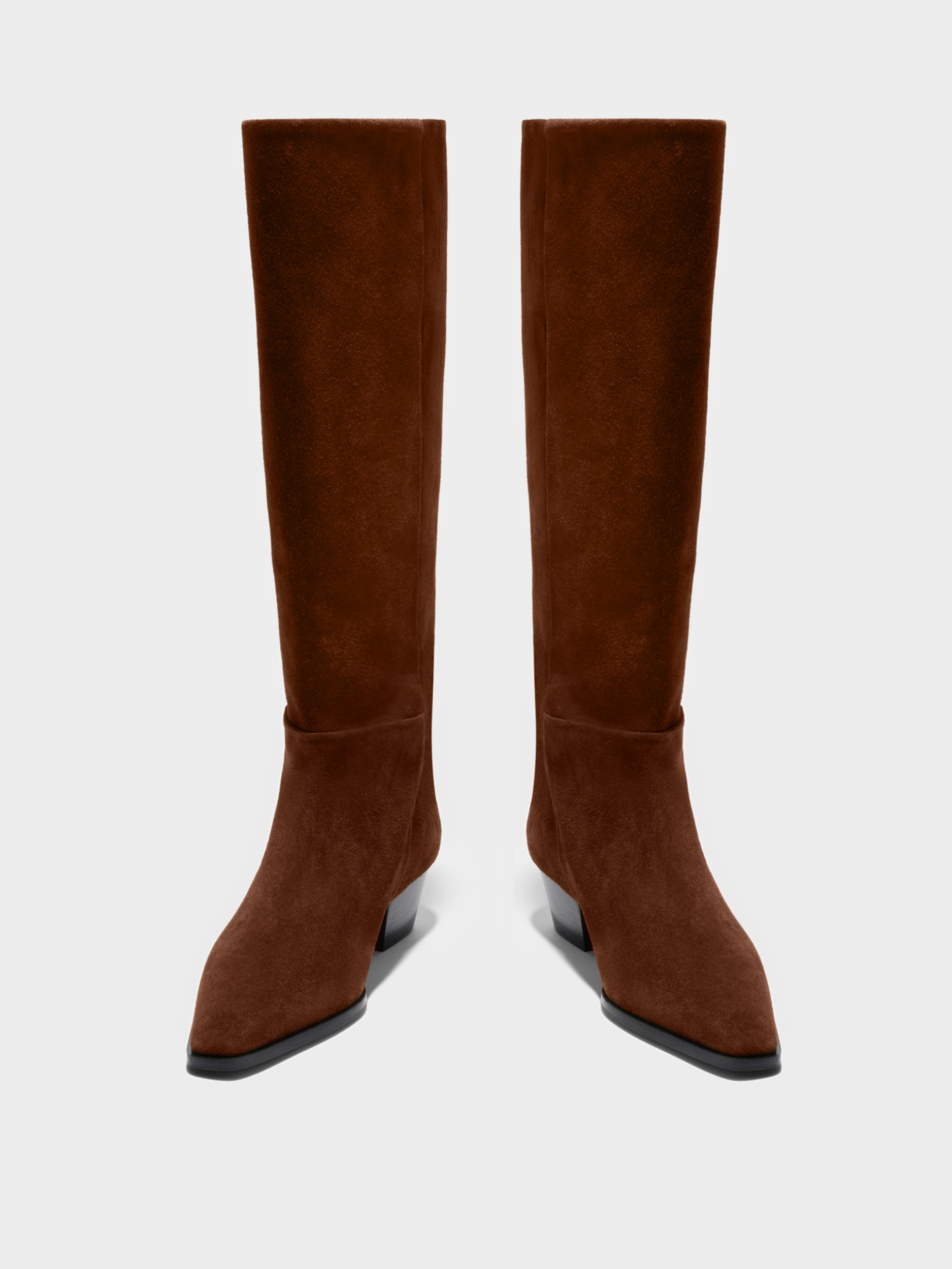 Aeyde | Medea Knee-High Boots Leather Knee High Boots for Women | Brown Suede | Square Toe | Mid Heel | Front View