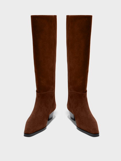 Aeyde | Medea Knee-High Boots Leather Knee High Boots for Women | Brown Suede | Square Toe | Mid Heel | Front View