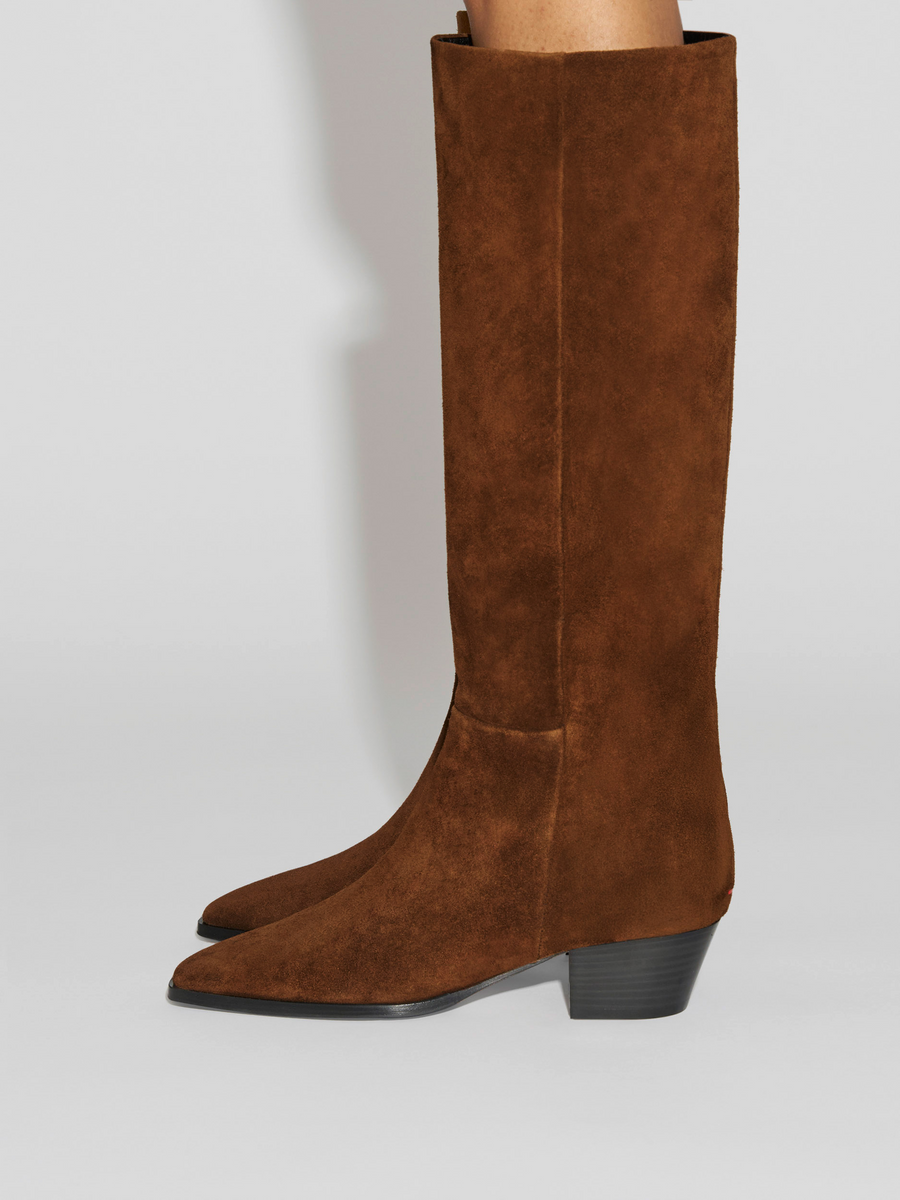 Aeyde | Medea Knee-High Boots Leather Knee High Boots for Women | Brown Suede | Square Toe | Mid Heel | How to Style