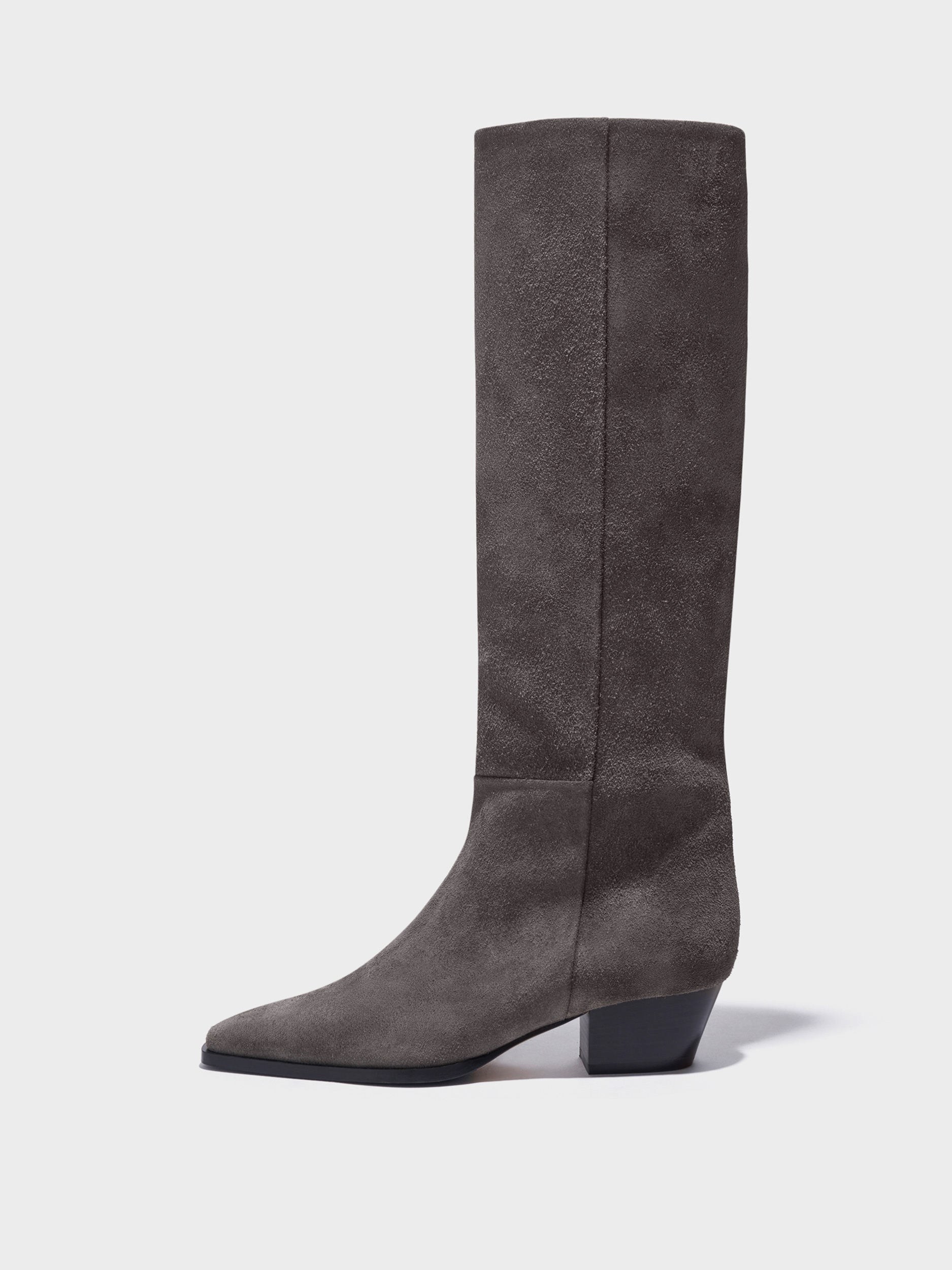 Aeyde | Medea Knee-High Boots Leather Knee High Boots for Women | Taupe Suede | Square Toe | Mid Heel | Side View