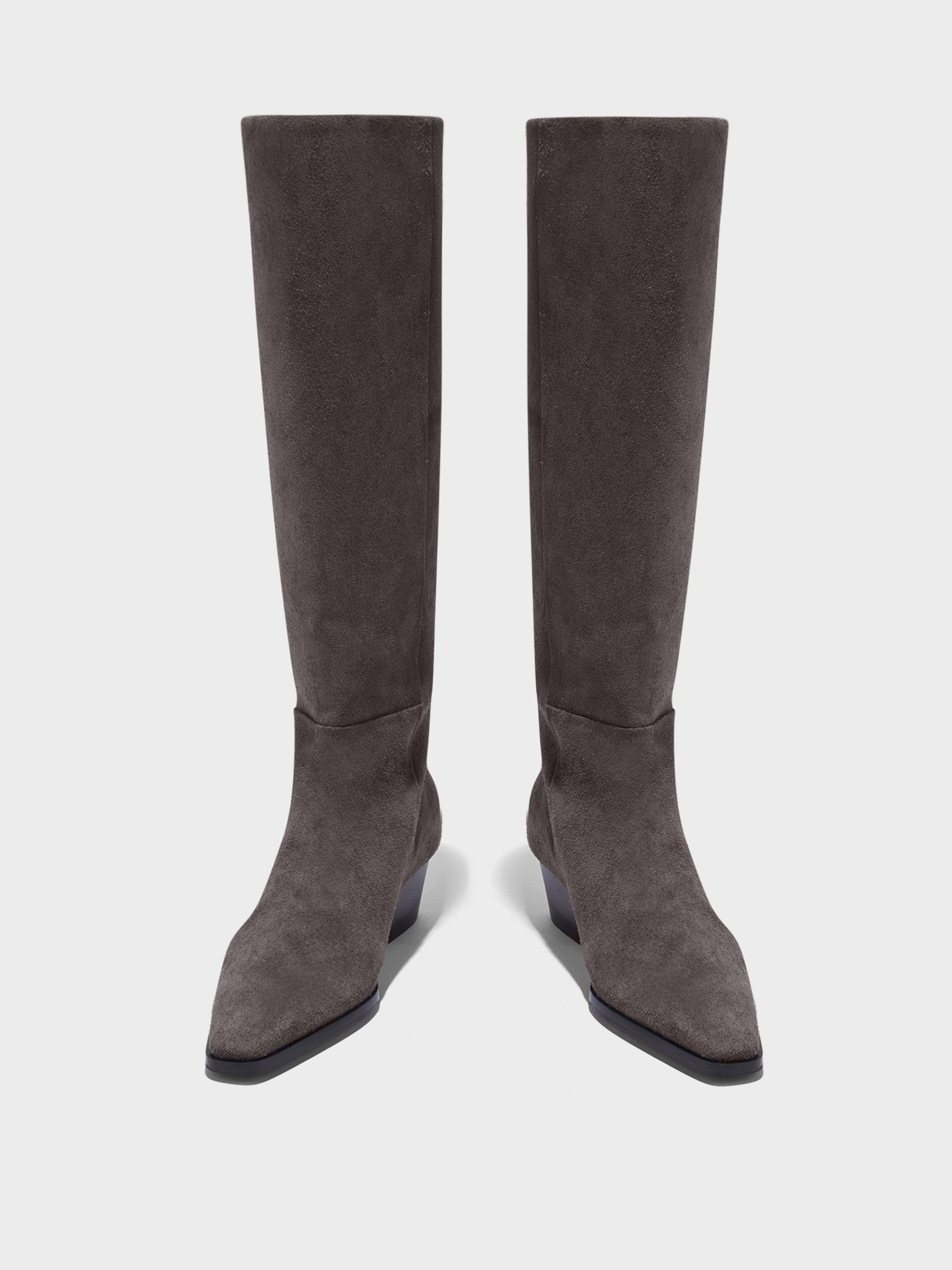 Aeyde | Medea Knee-High Boots Leather Knee High Boots for Women | Taupe Suede | Square Toe | Mid Heel | Front View
