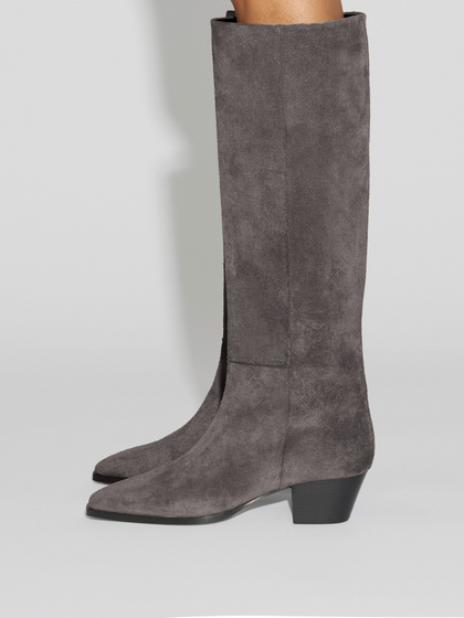 Aeyde | Medea Knee-High Boots Leather Knee High Boots for Women | Taupe Suede | Square Toe | Mid Heel | How to Style