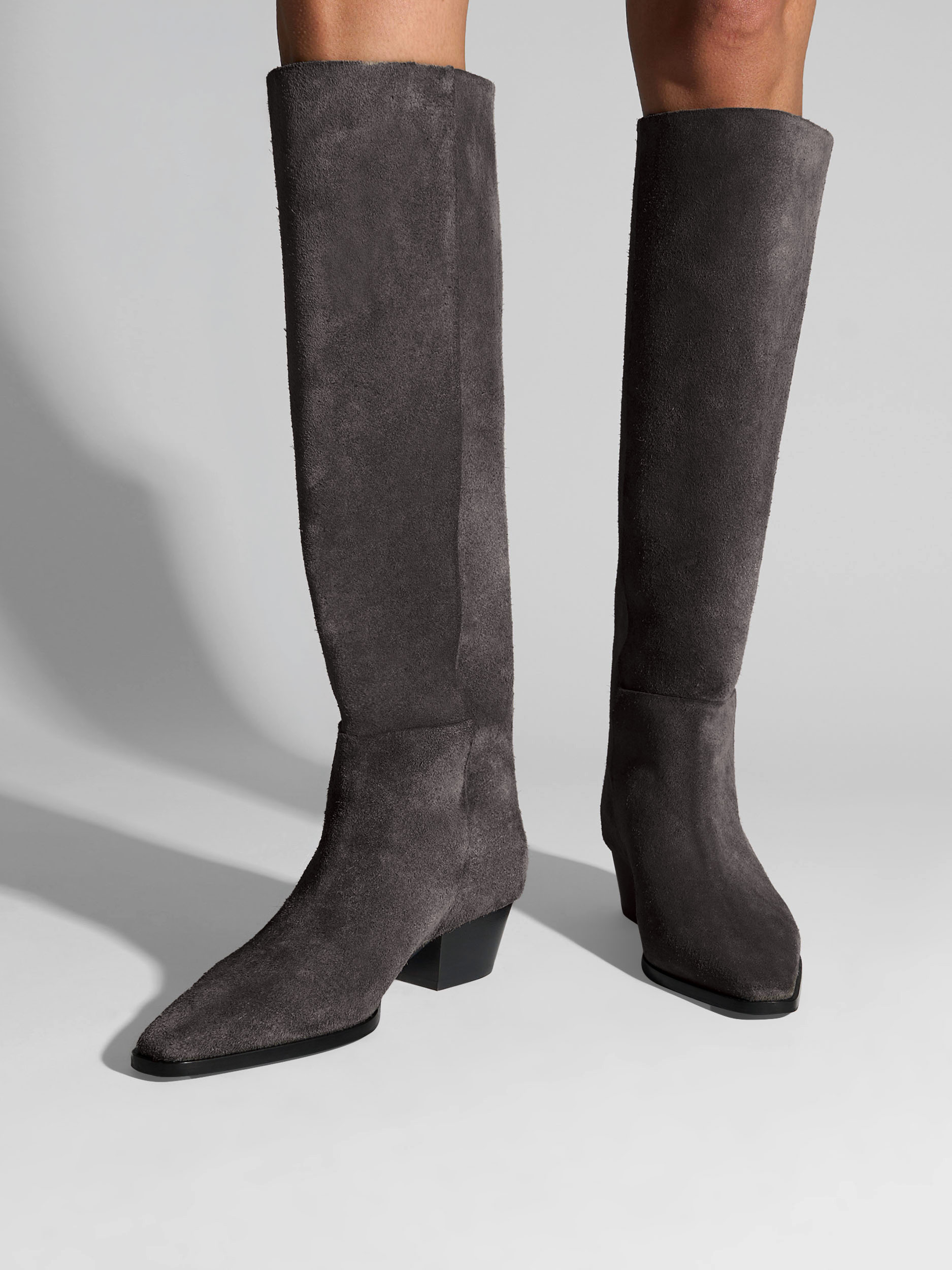 Aeyde | Medea Knee-High Boots Leather Knee High Boots for Women | Taupe Suede | Square Toe | Mid Heel | On Feet