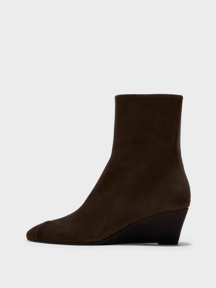 Aeyde | Mia Cap Leather Ankle Boots for Women | Moka Suede | Round Toe | Mid Heel | Side View