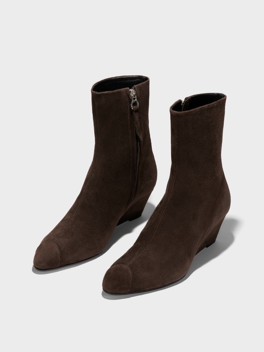 Aeyde | Mia Cap Leather Ankle Boots for Women | Moka Suede | Round Toe | Mid Heel | Luxury Materials | Handmade in Italy